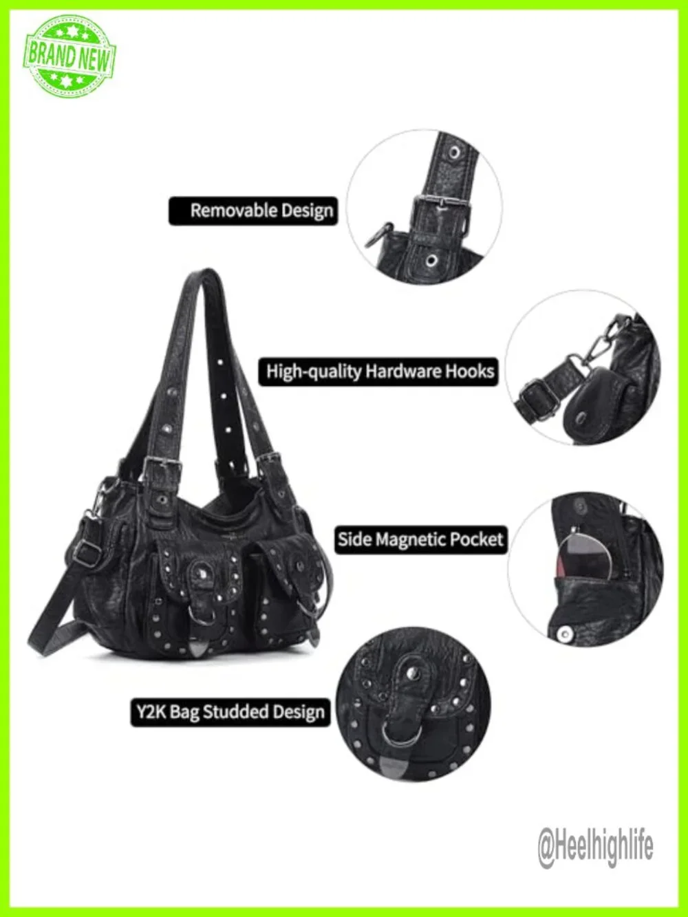 Vegan Leather Hobo Bag Multi Pocket Studded Shoulder Tote Y2K